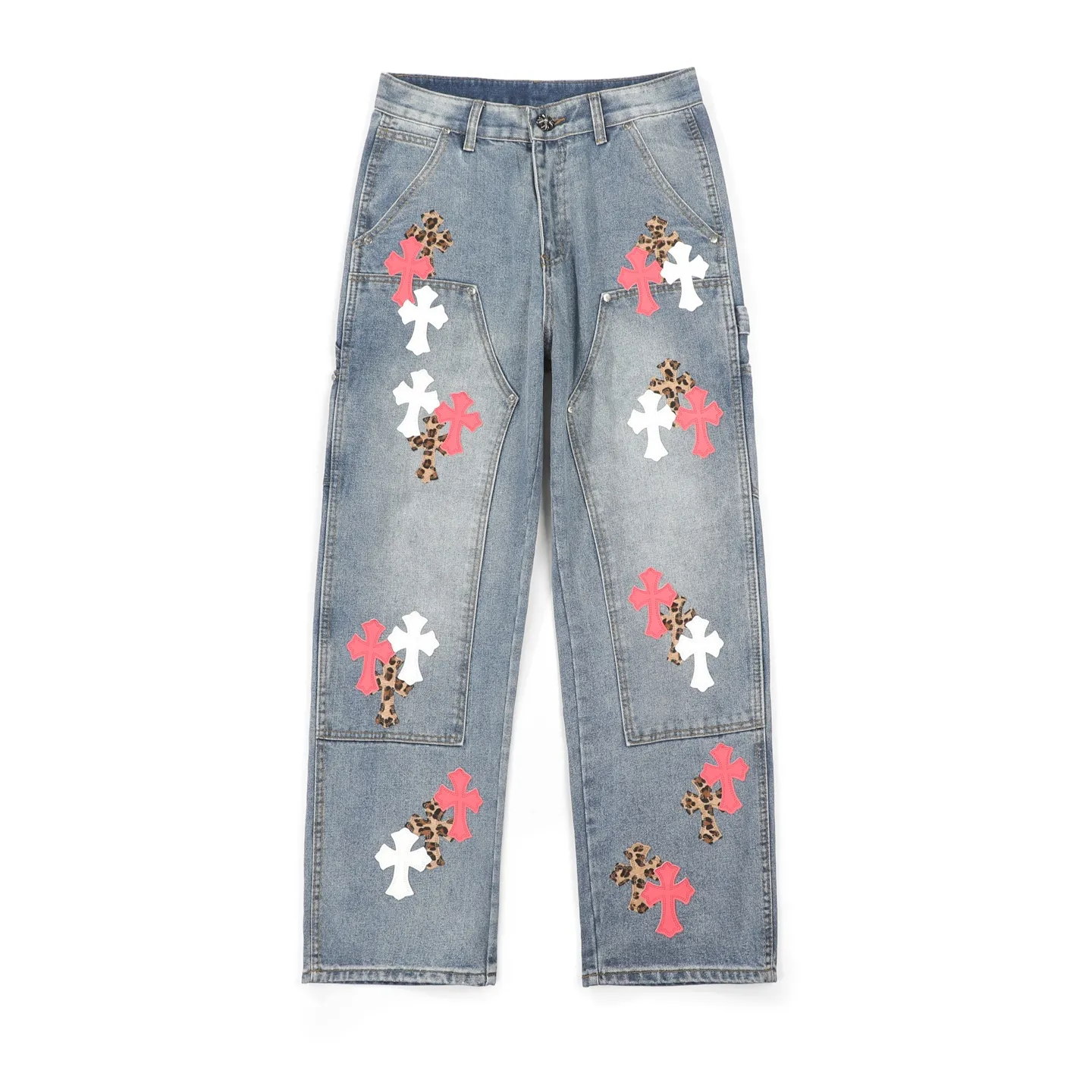 P280 CH Chromehearts Malaysia-limited leopard print cross patchwork leather workwear jeans and logging pants. The counter price is 34W. It is decorated with patchwork cross patterns and washed jeans! ! An absolutely high-end luxury product, a 1.9W-level god-level single product, a super popular product, made by top heavy industry, a magic weapon that cannot be missed! [About Zangyin] This is an extremely luxurious fashion brand that can also be called the aristocracy of the high street. It has always been an exclusive brand for some hipsters or rich second generations. Compared with ordinary high streets, it is more luxurious and noble. Compared with luxury brands, it is more fashionable and individual. It has always been a brand that I have a special liking for. [Top heavy industry fashion design] Consistently high-street luxury style. Speaking of this style, the Zangyin family and GU family are definitely the leading representative brands. Especially the Zangyin family has really achieved a state-of-the-art effect in creating high-street style. The unique washed material is used to create this style. The color system is already quite eye-catching. After it is decorated with patchwork cross flowers, it cleverly highlights the charm of the brand. Secondly, this style uses classic The high-waist cutting design highlights the long legs and fashionable temperament of the upper body. The brand is highly recognizable and the slim fit configuration is more suitable for daily wear. It is a product that interprets personality, fashion, and specifications at a glance. This single product is enough to make any fan excited. It can be a white T-shirt for a youthful college style, or a tight suspender for a royal style. It has strong matching ability and can be easily controlled by men.  [Materials and craftsmanship] Needless to say, this point goes without saying. As an excellent craftsman brand, Zangyin’s requirements for details and craftsmanship are really perfect. The washed color of this model has gone through so many processes, not to mention the embellishment of denim appliques. It is also purely hand-made and sewn. Just like what they believe in, only hand-made things have soul and have the meaning of wear. A top-notch heavy-duty fashionable denim item, I look forward to your perfect interpretation! !  Color: blue Size: 28-36